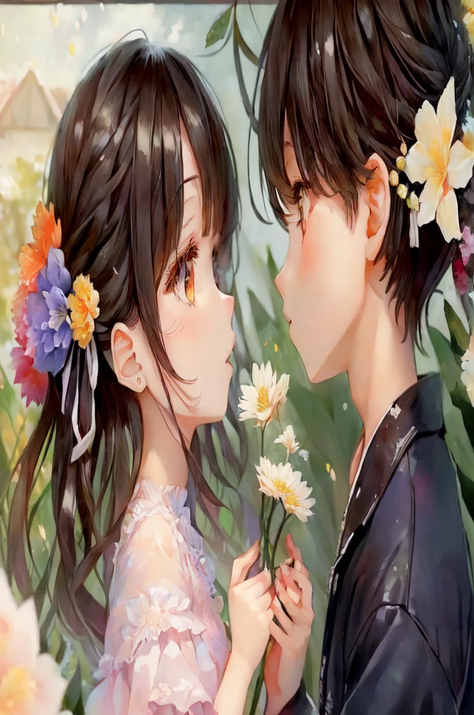 anime couple with flowers in their hair and a flower in their hair, artwork in the style of guweiz, guweiz, kawacy, flowers on heir cheeks, boy and girl, kawaii realistic portrait, cute anime, guweiz masterpiece, kissing together cutely, cute and lovely, cute digital art, realistic cute girl painting, smooth anime cg art