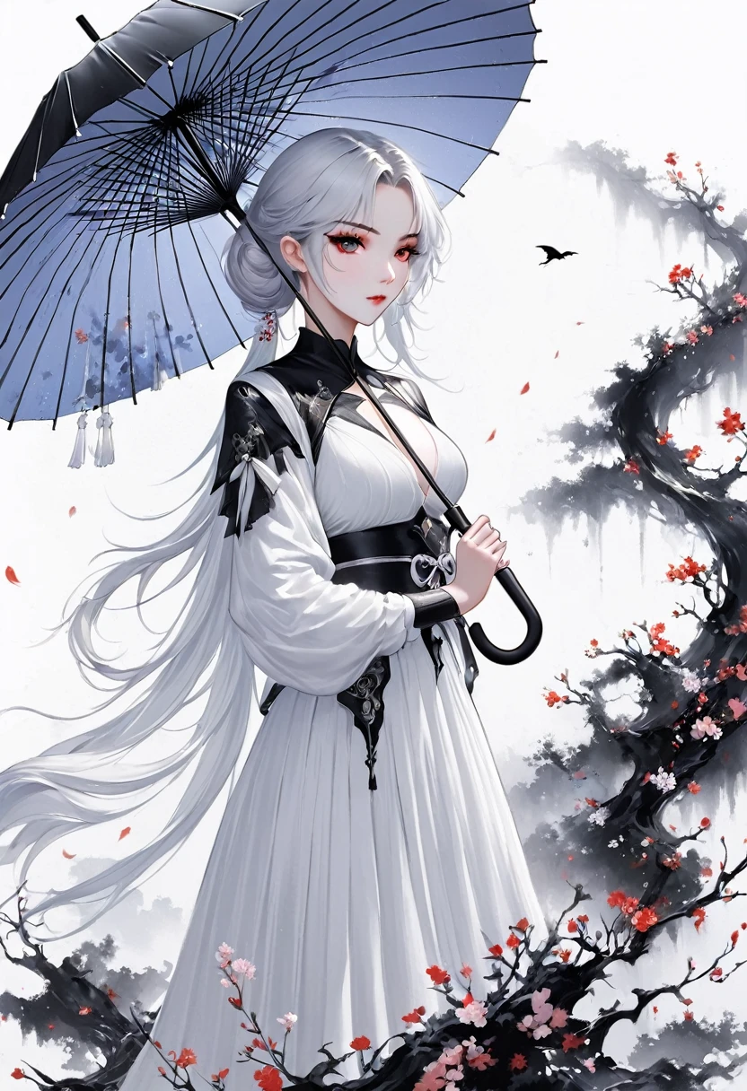 (Lots of white space:1.5)，(Lots of white space around:1.6), White background, simple, Minimalism, Abstract,Hand Painted，Aesthetic，black and white，Ink Painting，，Falling Flowers，Girl holding an umbrella in the distance，(Umbrella:1.7),一幅Abstract的艺术插图, author：Li Song, Arte no estilo de Gu Weiss, Shin Jin Hye, Obra-prima de Gu Weiss, Ross Figure 1. 0, Beautiful digital illustrations, Inspired by Non-WLOP, simple數位藝術, jingna zhang, Gu Weiss, Stunning digital illustrations