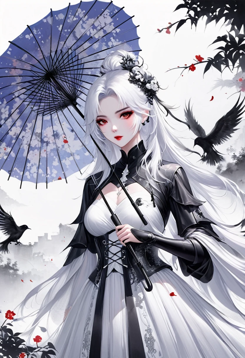 (Lots of white space:1.5),(Lots of white space around:1.6), White background, simple, Minimalism, Abstract,Hand Painted,Aesthetic,black and white,Ink Painting,,Falling Flowers,Girl holding an umbrella in the distance,(Umbrella:1.7),一幅Abstract的艺术插图, author:Li Song, Arte no estilo de Gu Weiss, Shin Jin Hye, Obra-prima de Gu Weiss, Ross Figure 1. 0, Beautiful digital illustrations, Inspired by Non-WLOP, simple數位藝術, jingna zhang, Gu Weiss, Stunning digital illustrations