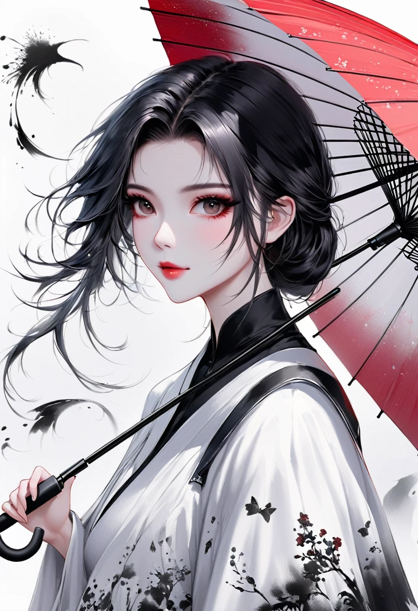 (Lots of white space:1.5)，(Lots of white space around:1.6), White background, simple, Minimalism, Abstract,Hand Painted，Aesthetic，black and white，Ink Painting，，Falling Flowers，Girl holding an umbrella in the distance，(Umbrella:1.7),一幅Abstract的艺术插图, author：Li Song, Arte no estilo de Gu Weiss, Shin Jin Hye, Obra-prima de Gu Weiss, Ross Figure 1. 0, Beautiful digital illustrations, Inspired by Non-WLOP, simple數位藝術, jingna zhang, Gu Weiss, Stunning digital illustrations