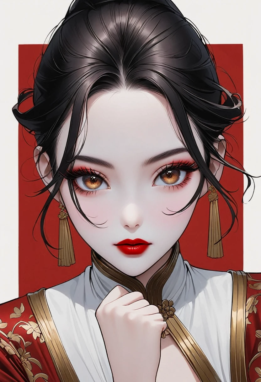 Flat illustration of a fashionable girl, Exaggerated pose,Ruby Red vs Gold Clothes and Hair,The Minimalists art,Pure Klein Red Background, Supremacist style ，Elegant Shanghai woman,beautiful eyes,Long eyelashes,Red lips,Random Shooting,Smooth lines, Pure white background, The Minimalists, Zen, HD