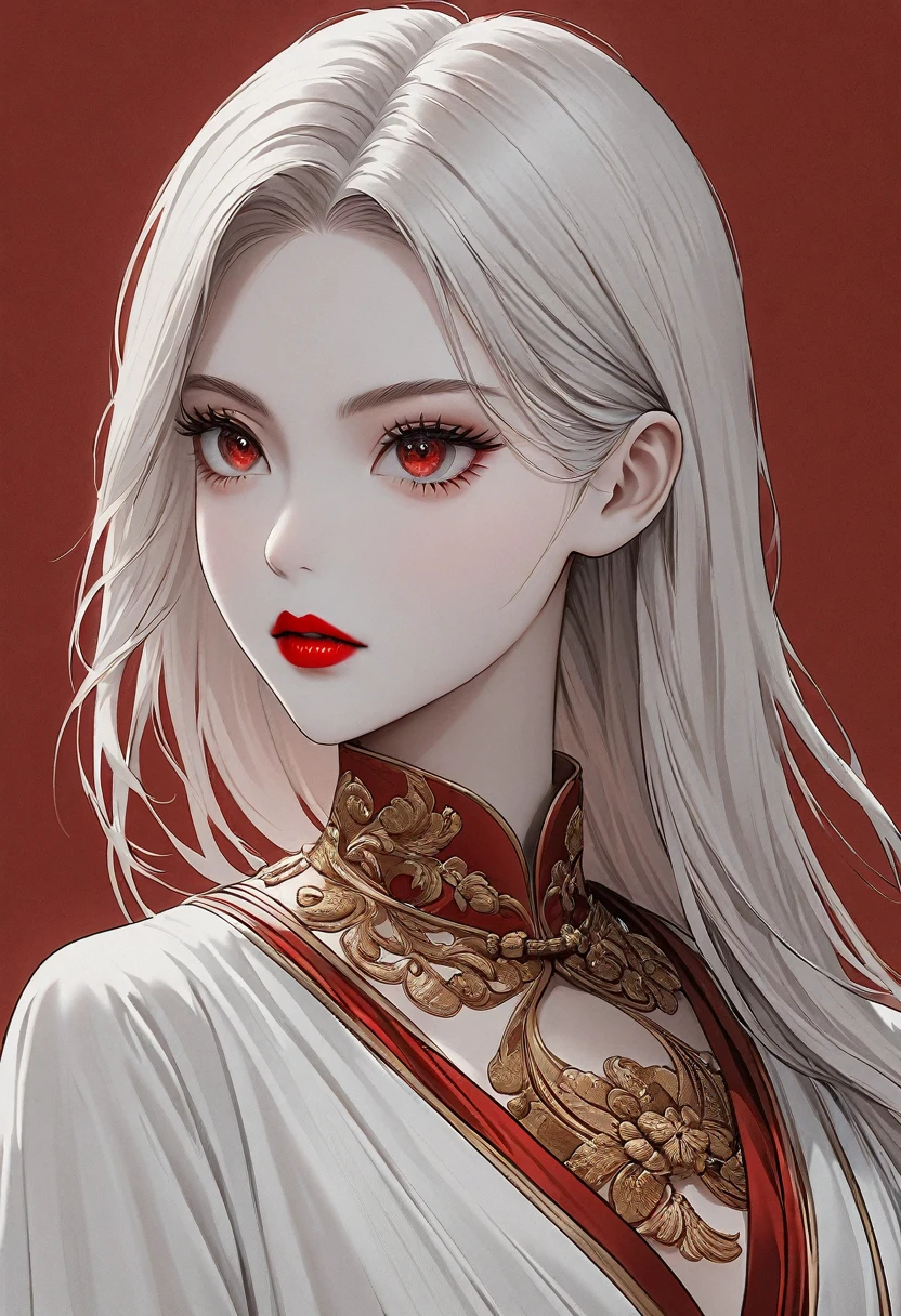 Flat illustration of a fashionable girl, Exaggerated pose,Ruby Red vs Gold Clothes and Hair,The Minimalists art,Pure Klein Red Background, Supremacist style ,Elegant Shanghai woman,beautiful eyes,Long eyelashes,Red lips,Random Shooting,Smooth lines, Pure white background, The Minimalists, Zen, HD