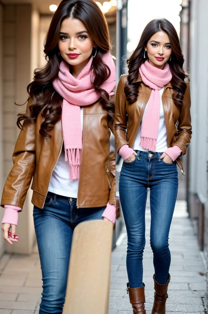 Photorealistic, best quality, hyper detailed, full-body picture. Gorgeous, pretty, warm-hearted, kind-hearted, good-hearted, stunning, cheerful, sweet, polite, sensitive, sensible, shiny, charming, alluring, dreamy, graceful, classy, stylish, flowing quite long brown haired armenian woman with the cutest face, skin, soft make-up, red lipstick, she is wearing a olive leather jacket, skinny denim trousers, a beige sweater, riding boots, and a pink scarf.
