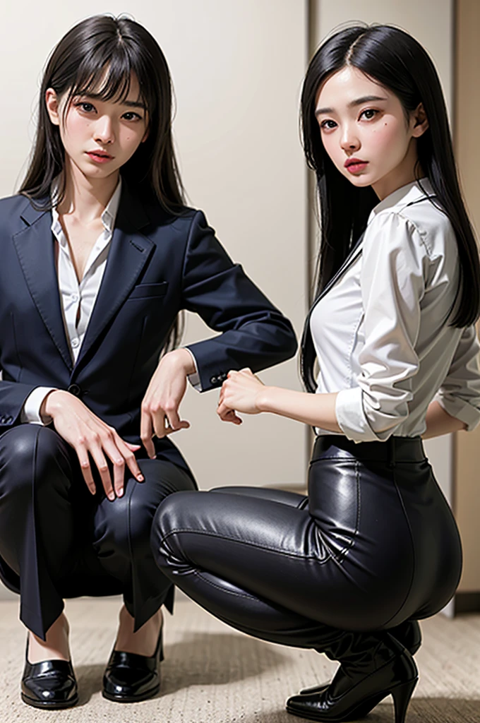 （（Highest quality））、（（masterpiece））、（familiar）、（HD）、（reality）、8K、Best shadow、Side Light、、Low contrast、（complex：1.4）、（（（Two office ladies standing side by side half squatting））、（（Stick out your butt））、、Suit、（A pencil skirt、）、（A man in pants）、（Close-up of both men&#39;s buttocks：1.5）、（（Rear view））、photo、Looking up from the ground behind、（Bright office reception room