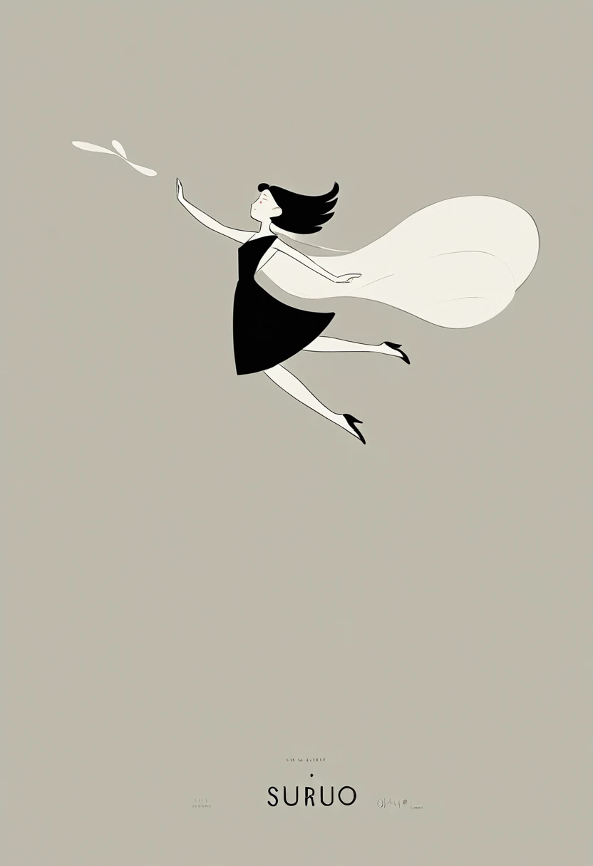 flat illustration of a poster for a show that features an asian woman flying through the air, in the style of eiko ojala, elegant brushstrokes, minimalism，kurt hutton, traditional animation, light silver and black, figurative art with a dreamy quality