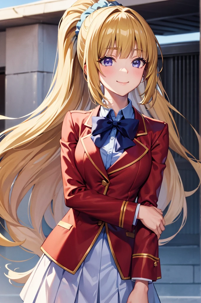 (8k, best quality, masterpiece,ultra detailed, ultra high res:1.2), anime keyvisual, official art, 
1girl,
Kei Karuizawa, 
BREAK long hair, ponytail, 
yellow hair, 
purple eyes, 
blue bow, hair scrunchie, 
[medium breasts], 
BREAK unbutton red blazer, (blue blouse:1.1), pleated white skirt, 
looking at viewer, (smile:1.1), 
cowboy shot, 
outdoors, school building, 