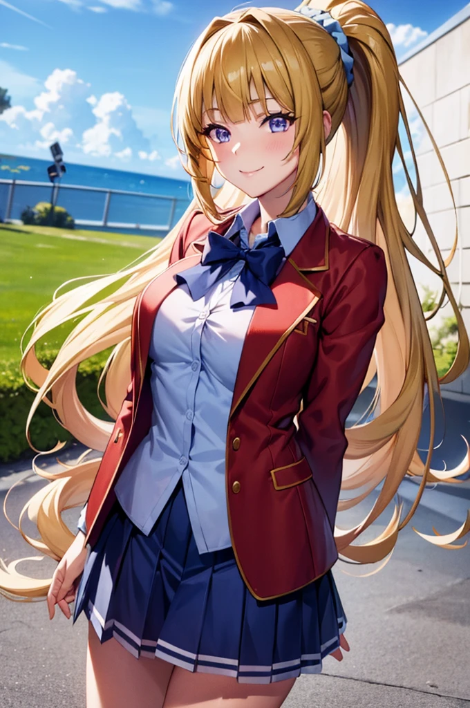 (8k, best quality, masterpiece,ultra detailed, ultra high res:1.2), anime keyvisual, official art, 
1girl,
Kei Karuizawa, 
BREAK long hair, ponytail, 
yellow hair, 
purple eyes, 
blue bow, hair scrunchie, 
[medium breasts], 
BREAK unbutton red blazer, (blue blouse:1.1), pleated white skirt, 
looking at viewer, (smile:1.1), 
cowboy shot, 
outdoors, school building, 