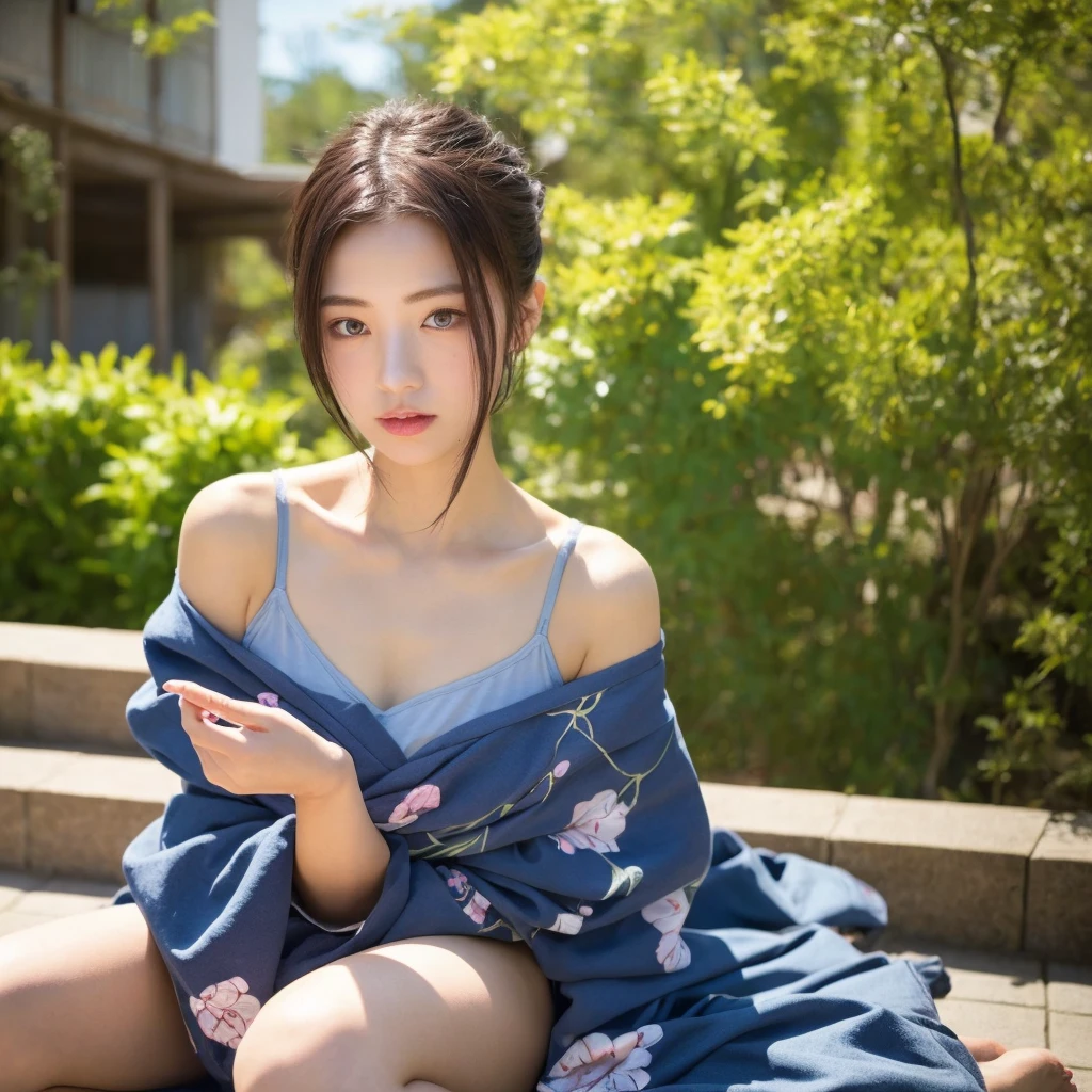 Urzan-6500-v1.1, (RAW Photos:1.2), (Realistic), (Genuine:1.4), (masterpiece), there is a woman In kimono Sitting on the floor, In kimono, Bare shoulders、clavicle、Mature Woman, wear Kimono, beast, Flower Hair Ornaments, yukata, In kimono, Japanese style, wearing a haori, mitsumayo, Hair tied up、(1 person:1.4)、With panties、