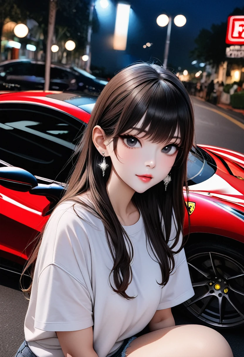 Top quality, masterpiece, Ultra HD, (real: 1.4), original photo, (Night Street), 1 girl, black eyes, Looking at the audience, Long hair, Light makeup, Lips, Small ears, White T-shirt, Denim shorts, earrings, Seated Ferrari,, Slim, Neat, garden