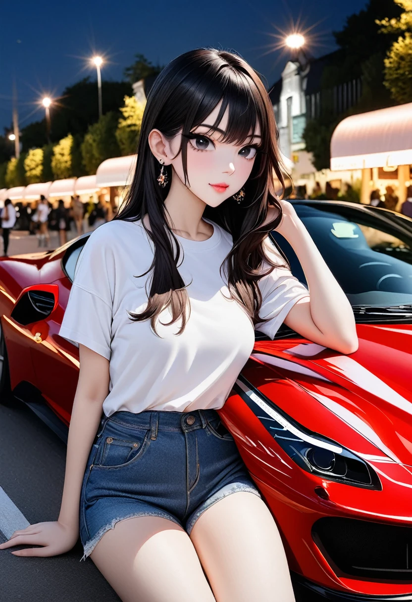 Top quality, masterpiece, Ultra HD, (real: 1.4), original photo, (Night Street), 1 girl, black eyes, Looking at the audience, Long hair, Light makeup, Lips, Small ears, White T-shirt, Denim shorts, earrings, Seated Ferrari,, Slim, Neat, garden