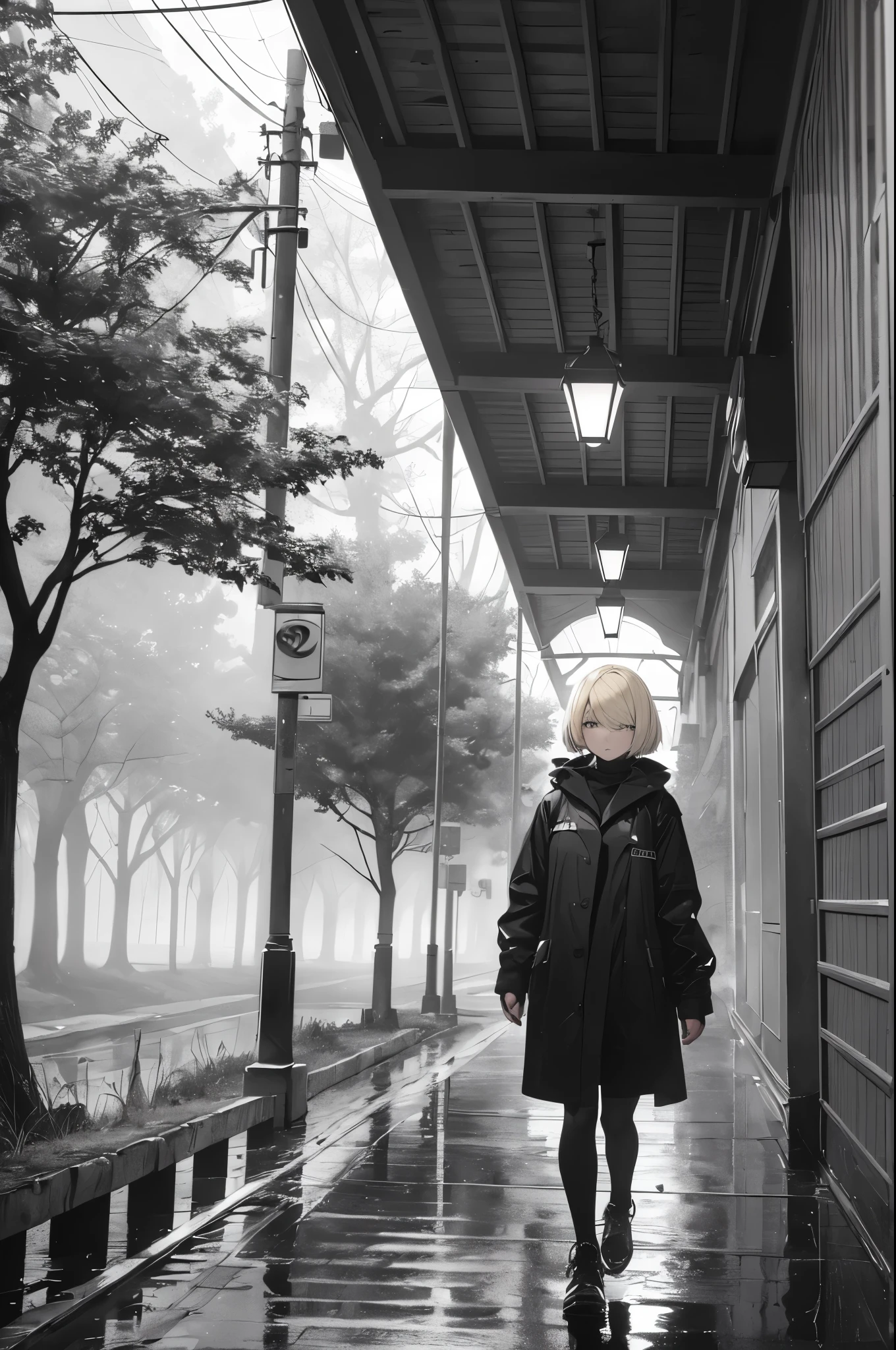 ((20-year-old woman,Blonde short bob hair,She is walking through an huge park in the Uneasy atmosphere world)),there is nobody in the park,((the sky in the clouds,inside the monochrome world,the atmosphere in the rain)),There are faceless monsters in the park,Uneasy atmosphere.