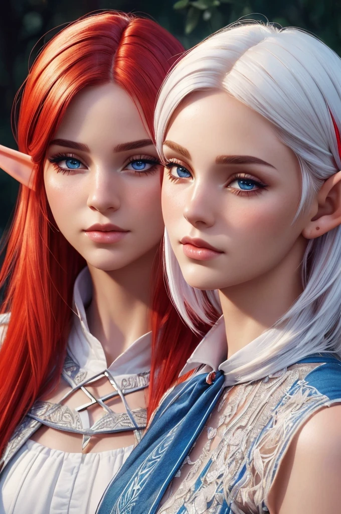 (high quality, detailed, vivid colors:1.2),(realistic,photorealistic,photo-realistic:1.37),portraits,two elf girls, elf sisters,red hair,white hair,short haircut,long haircut