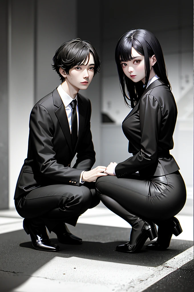 ((Highest quality))、((masterpiece))、(familiar)、(HD)、(reality)、8K、Best shadow、Side Light、、Low contrast、(complex:1.4)、(((Two office ladies standing side by side half squatting))、((Stick out your butt))、、Suit、(A pencil skirt、)、(A man in pants)、(Close-up of both men's buttocks:1.5)、((Rear view))、photo、Looking up from the ground behind、(Bright office reception room