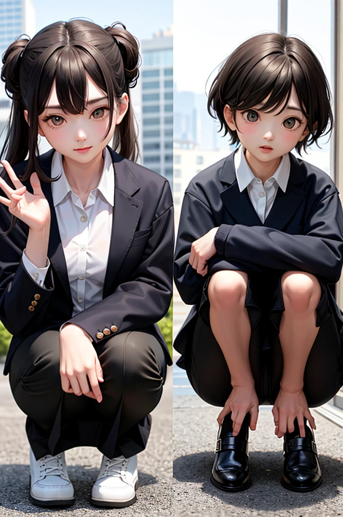 ((Highest quality))、((masterpiece))、(familiar)、(HD)、(reality)、8K、Best shadow、Side Light、、Low contrast、(complex:1.4)、(((Two office ladies standing side by side half squatting))、((Stick out your butt))、、Suit、(A pencil skirt、)、(A man in pants)、(Close-up of both men's buttocks:1.5)、((Rear view))、photo、Looking up from the ground behind、(Bright office reception room
