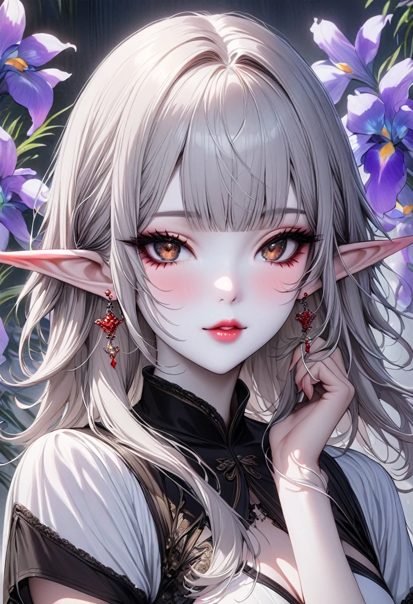 (best quality, masterpiece), 1 Girl, beautiful girl, Brown_Eye, ((hair color [Silver hair], [Short Elf Hair with Bangs] hair)), earrings, Lips, Short sleeve,Practical, Willow Waist, charming, Colorful Makeup, Long eyelashes, White skin, (Lovely), (Detailsed face), 细节ed Eye, Detailsed iris, 