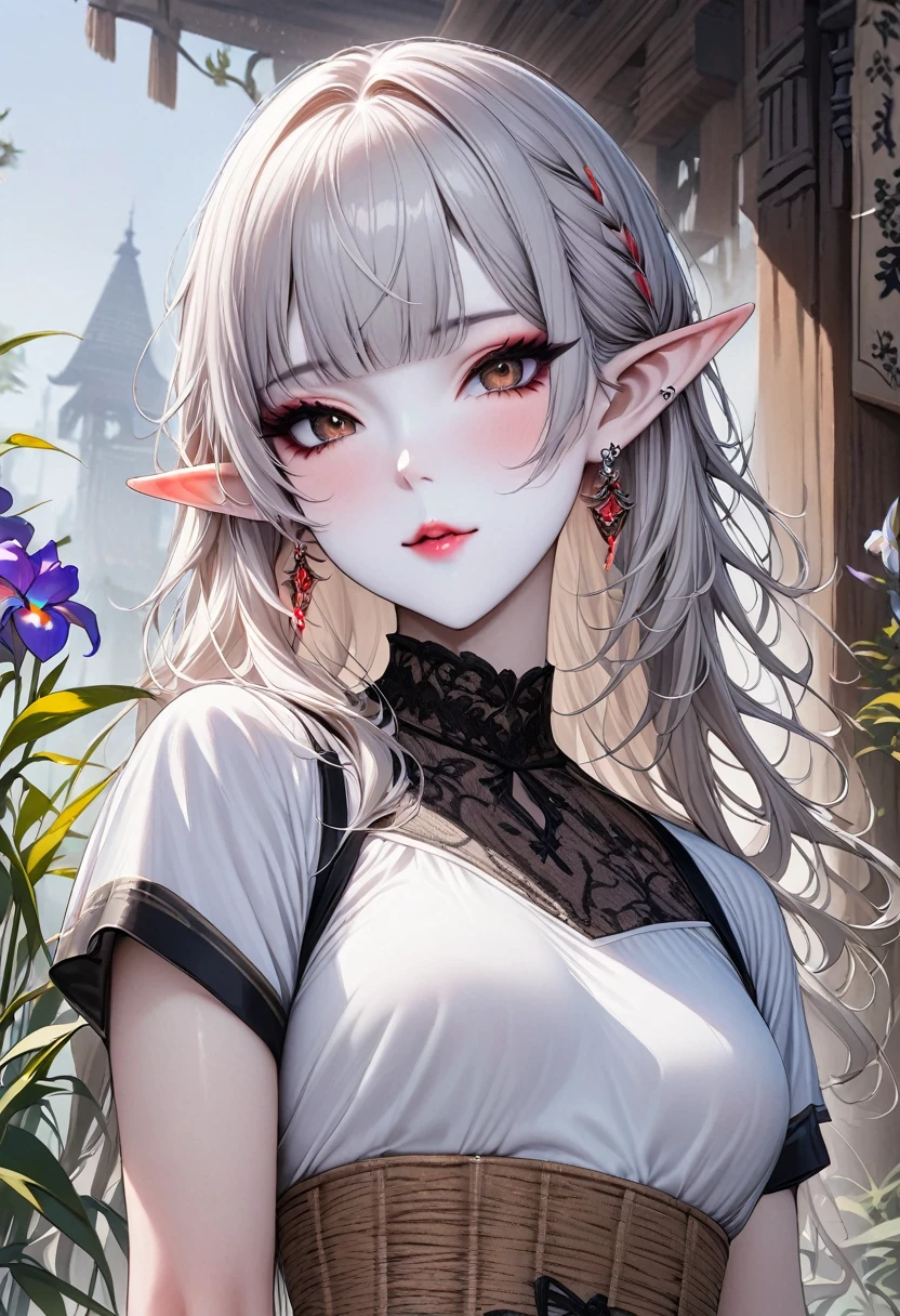 (best quality, masterpiece), 1 Girl, beautiful girl, Brown_Eye, ((hair color [Silver hair], [Short Elf Hair with Bangs] hair)), earrings, Lips, Short sleeve,Practical, Willow Waist, charming, Colorful Makeup, Long eyelashes, White skin, (Lovely), (Detailsed face), 细节ed Eye, Detailsed iris, 