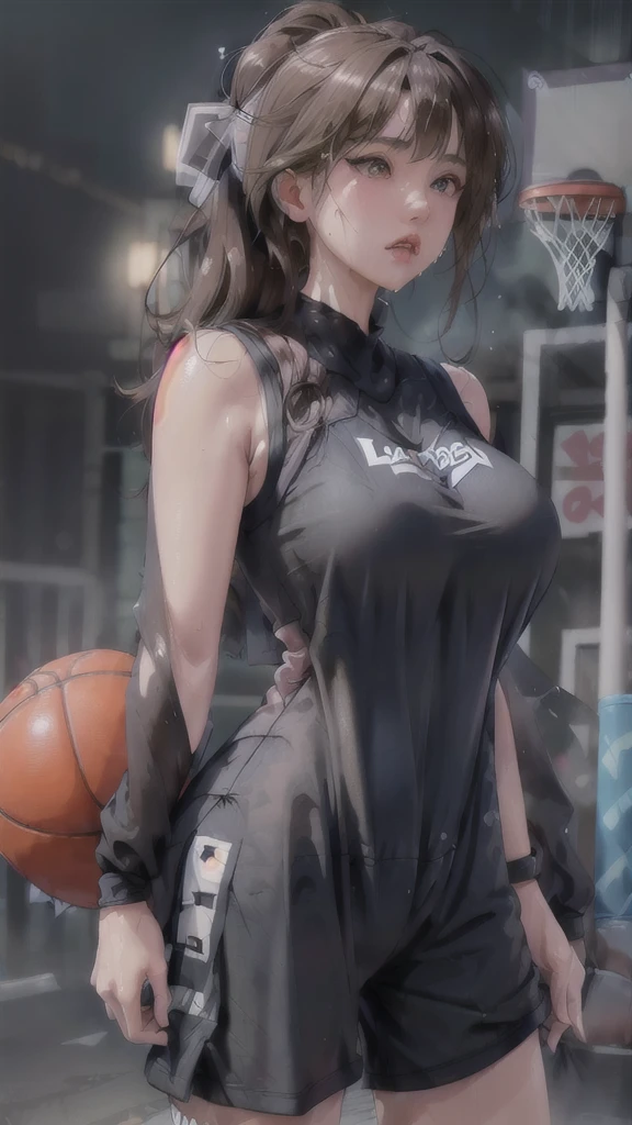 Masterpiece: 1.2, best quality), realistic, (real picture, rich details details, depth of field), (1girl, solo), makeup, cleft lip, high detail, perfect face shape, (big breasts: 1.4), (skindentation), thick thighs, wide buttocks, Thin waist, tall, coral, red lips, red eyes, ponytail, (((((basketball girl, transparent black basketball suit)))), (sweat: 1.2), (wet), sexy, blushing, sweaty