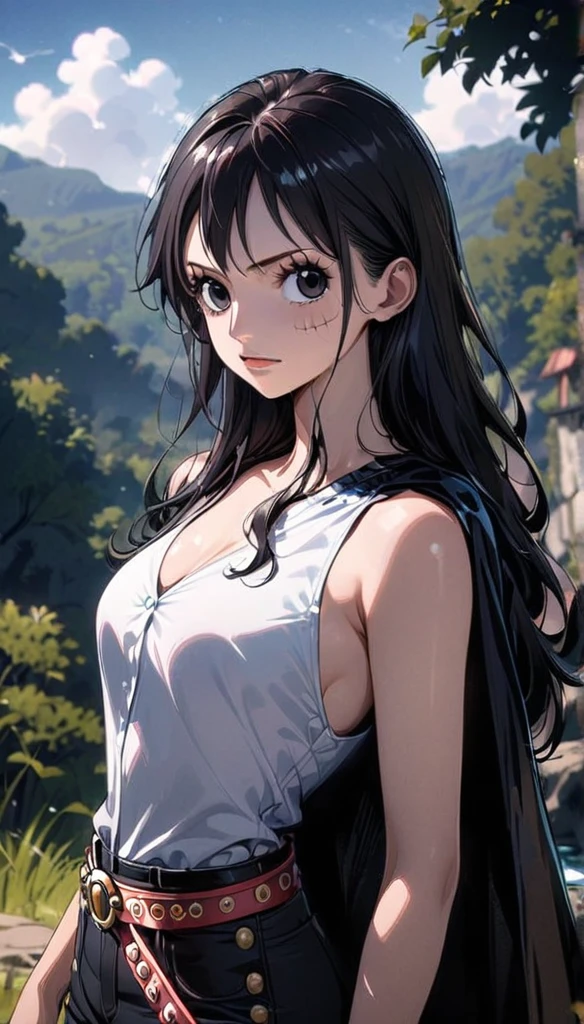 masterpiece, best quality), intricate details, 1 girl, woman, black hair, luffy, ((monkey d luffy)) \ (one piece\), scar on face, (long hair), shirt, white shirt, female focus, clothes, collared shirt, pants, cape, black coat, shirt, scar, sandals, pectorals, black coat on shoulders, nature, scenery, upper body, straw hat, ((front view)) ((close up shot)) ((solo))  (black eyes) ((female monkey d luffy)) luffy from one piece 