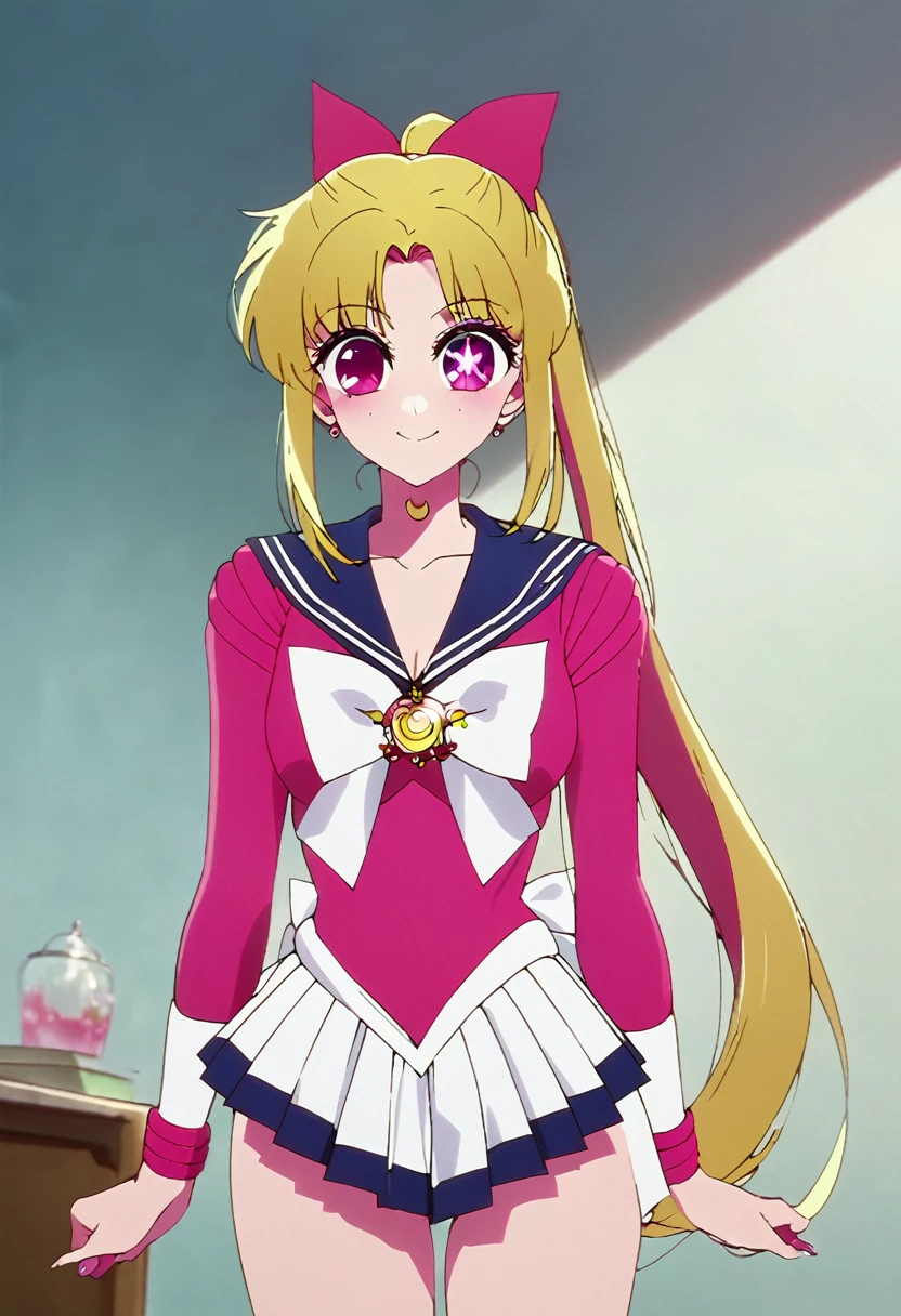 Blonde、Sailor Moon、Highest quality、high resolution、8K,Highest quality、Star-shaped pupil、The best smile、long hair、Pink Eyes、ponytail、Cowboy Shot、One person