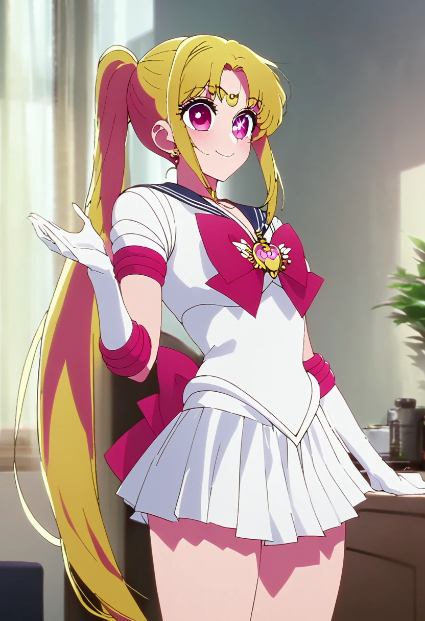 Blonde、Sailor Moon、Highest quality、high resolution、8K,Highest quality、Star-shaped pupil、The best smile、long hair、Pink Eyes、ponytail、Cowboy Shot、One person