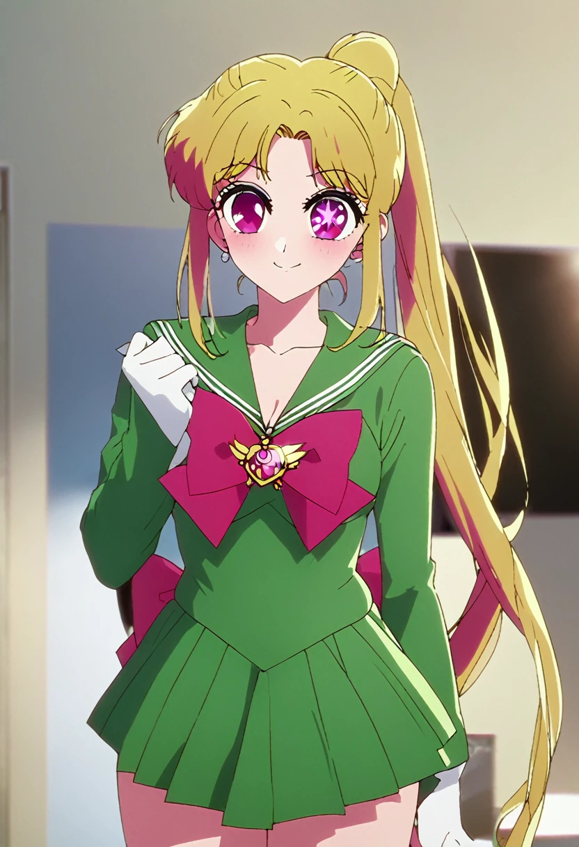Blonde、Sailor Moon、Highest quality、high resolution、8K,Highest quality、Star-shaped pupil、The best smile、long hair、Pink Eyes、ponytail、Cowboy Shot、One person