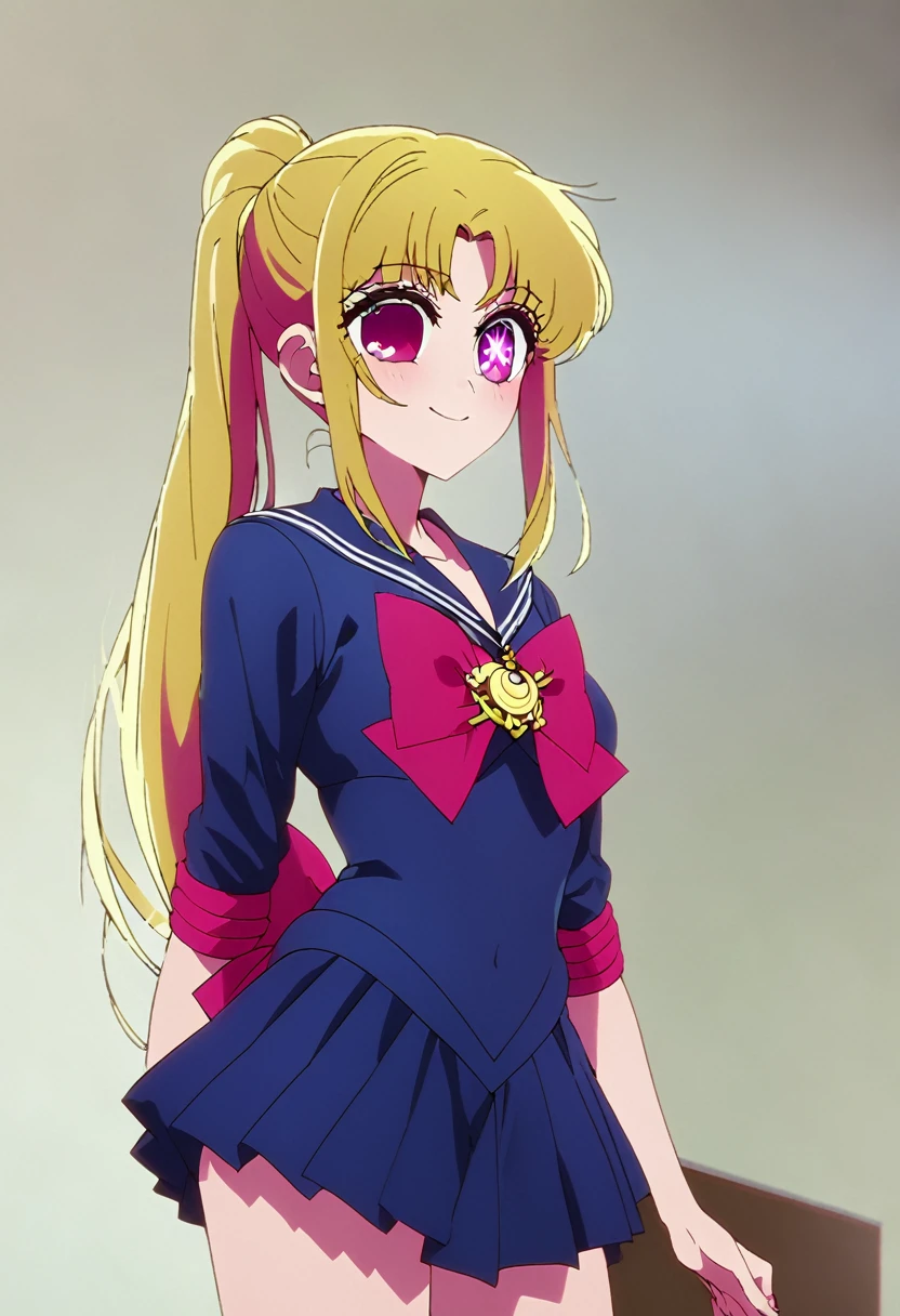 Blonde、Sailor Moon、Highest quality、high resolution、8K,Highest quality、Star-shaped pupil、The best smile、long hair、Pink Eyes、ponytail、Cowboy Shot、One person