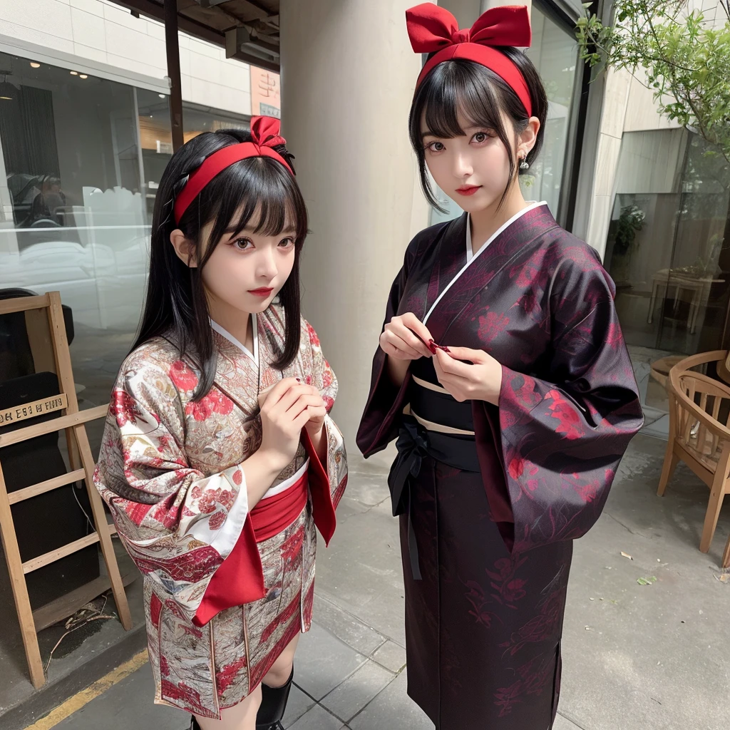 Urzan-6500-v1.1, (RAW Photos:1.2), (Photorealistic), (Genuine:1.4), (Pieces fly), Elegant woman with a perfect figure: 1.3, Jet Black Hair、((Straight bob hair with neatly trimmed ends、bangs、Red Hairband))、(She is wearing a deep purple furisode with an elegant pattern..)、Standing with the fan closed、Majestic Hall々, (A look full of murderous intent:1.2)、 Highly detailed face and skin, Beautiful Eyes, double eyelid, Full Body Shot:1.2、Wearing short boots、(1 person:1.4)、