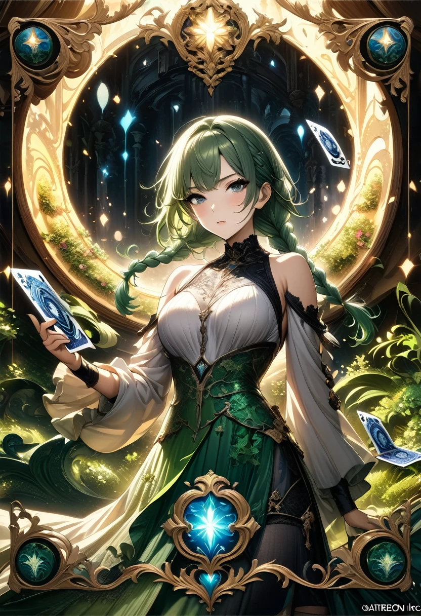 (masterpiece, Top quality, best quality, Official Art, beautiful and aesthetic:1.2), (1 Girl:1.3), (Fractal Art:1.3), card, Tarot, Green Hair, Double braid, Flowering, (Good lighting:1.1), ((high resolution)), Tarot card style