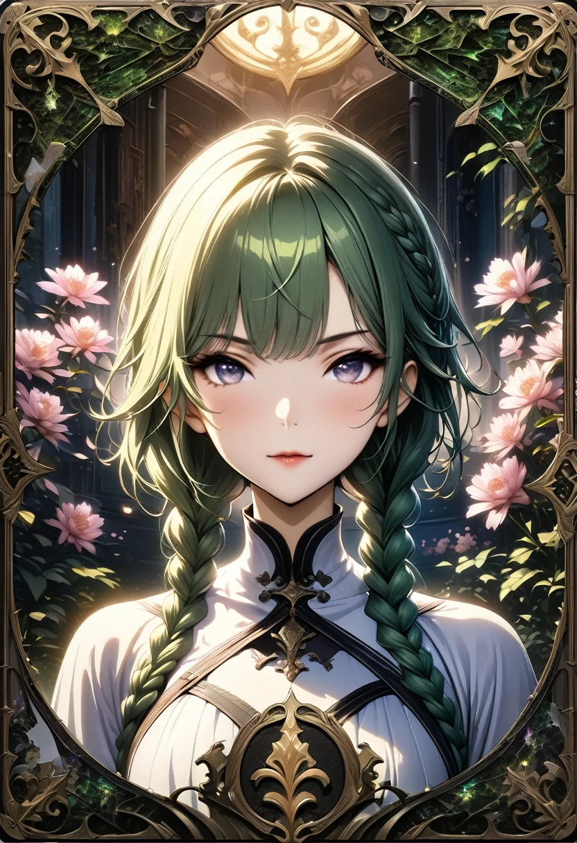 (masterpiece, Top quality, best quality, Official Art, beautiful and aesthetic:1.2), (1 Girl:1.3), (Fractal Art:1.3), card, Tarot, Green Hair, Double braid, Flowering, (Good lighting:1.1), ((high resolution)), Tarot card style
