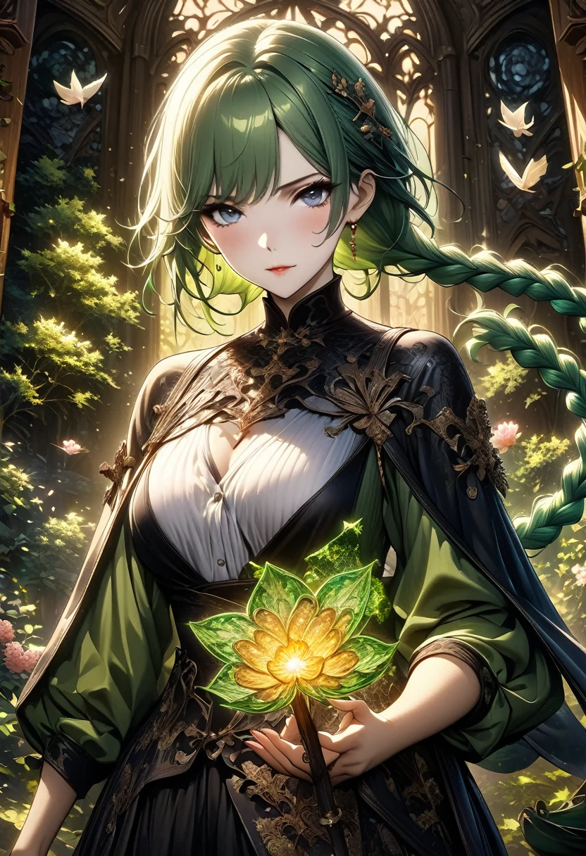 (masterpiece, Top quality, best quality, Official Art, beautiful and aesthetic:1.2), (1 Girl:1.3), (Fractal Art:1.3), card, Tarot, Green Hair, Double braid, Flowering, (Good lighting:1.1), ((high resolution)), Tarot card style