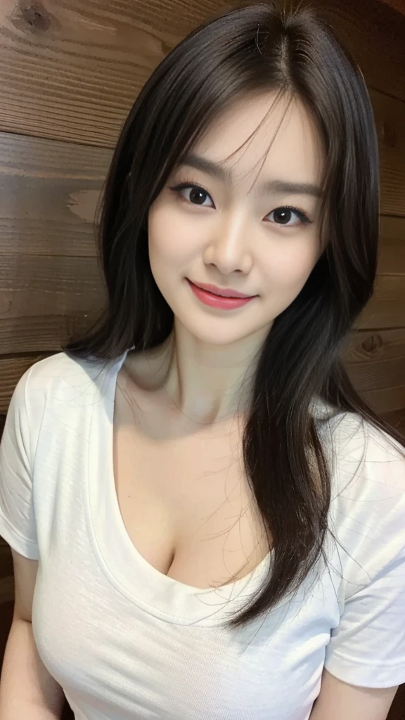 ((best quality, 8K, masterpiece, Clear focus )), 18 years old young Korean girl, ((Dark brown long hair, Huge breasts :1.1)), Slim abdominal muscles :1.2,((Round neck tight short T-shirt,Wearing a T-shirt with chest cutouts :1.6,Cut-out chest top) ), (Wooden wall background :1.2), Highly detailed face and skin textures, Delicate eyes, Double eyelids, Cleavage:0.4,Toothy smile,sweet,cute