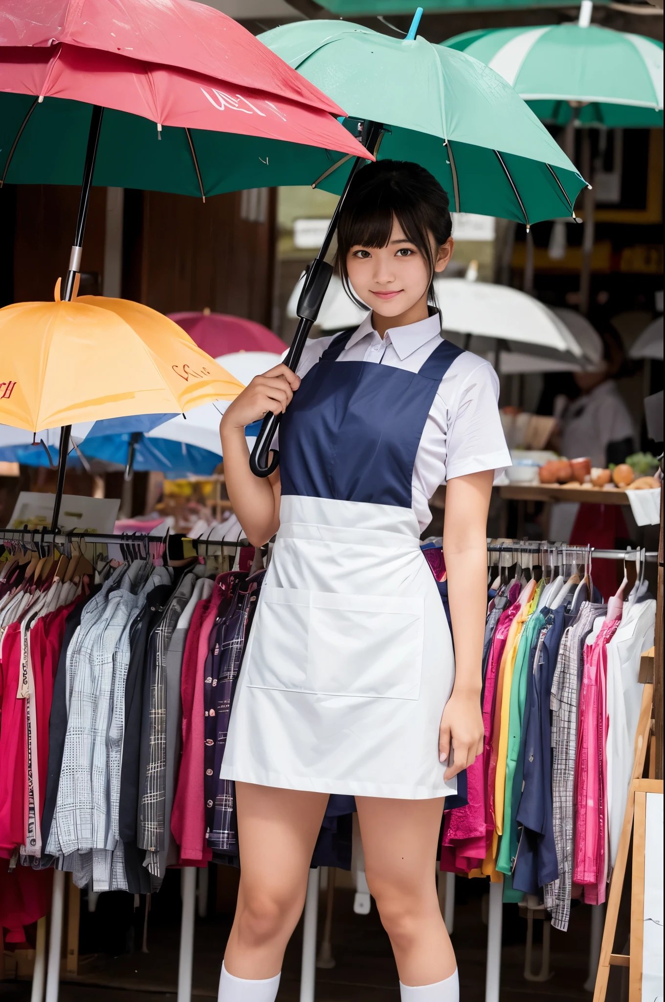 A 20-year-old girl selling umbrellas with umbrellas lined up（Wearing a miniskirt and apron）
