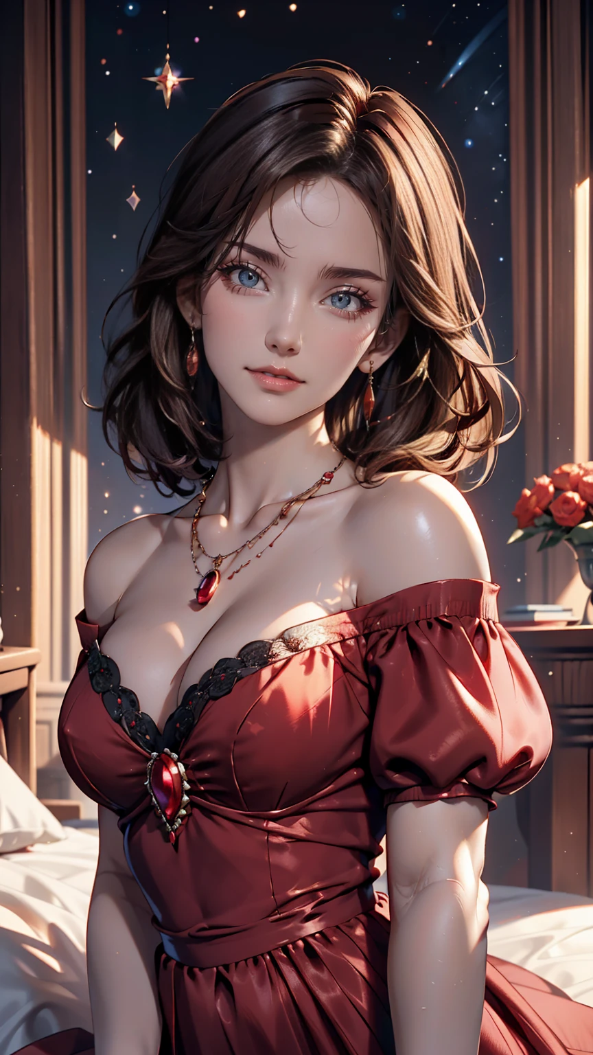 Natalie Portman, oil, Renaissance, Leonardo da Vinci, model, Modern Style, Modern Fashion, Idol, nice, Short hair red pearl necklace, earrings, modern makeup, Red lipstick, Starry Night, Black star dress, ring, Defined strokes、Sexy proportions、Off-the-shoulder dress that reveals the décolletage、Attach a necklace