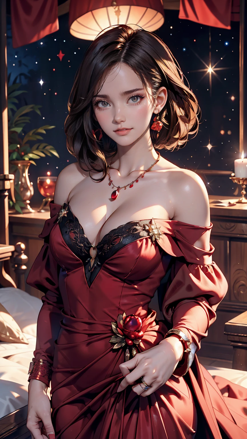Natalie Portman, oil, Renaissance, Leonardo da Vinci, model, Modern Style, Modern Fashion, Idol, nice, Short hair red pearl necklace, earrings, modern makeup, Red lipstick, Starry Night, Black star dress, ring, Defined strokes、Sexy proportions、Off-the-shoulder dress that reveals the décolletage、Attach a necklace