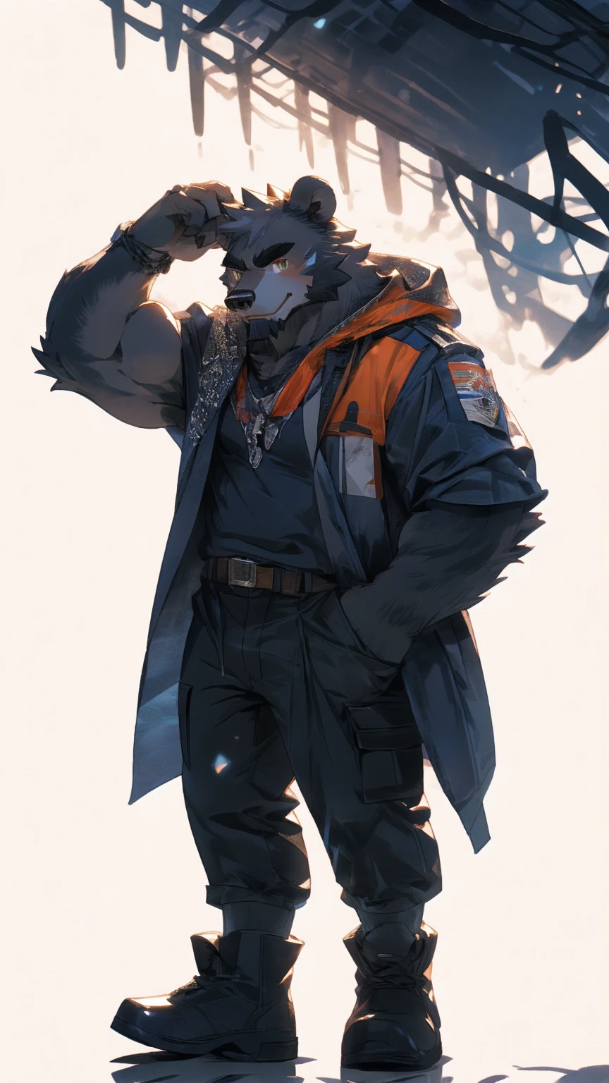 (masterpiece:1.2), best quality,pixiv,official art,perfect anatomy, (Ray tracing, light),solo, (1_male:1.3) , (muscle), (grey fur:1.4), (muscle bear), (beard:1.2), (gleaming golden eyes), bear tail, full body, Thick black eyebrows,(open hooded parka), (naked inside), (cargo pants:1.2), boots , (pure white background: 1.3)