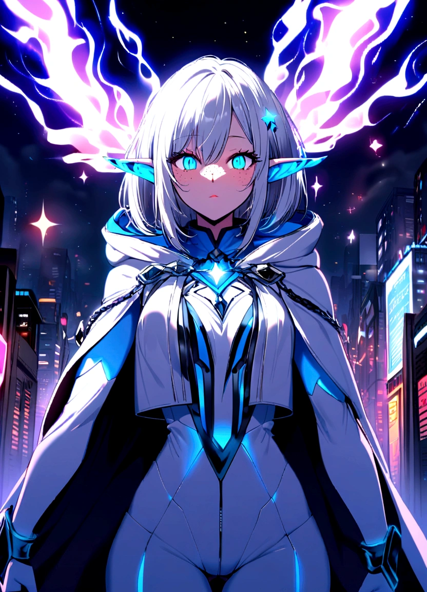  19-year-old girl as attractive,with long white hair that has a blue and pink litmus gradient at the tips, stars and sparkles in the hair, abina, freckles, dimples, His eyes glowing neon blue, and small elf ears+white hero suit with blue details cape and hood on+ in the city at night black smoke coming out of it spreading everywhere+ crazy evil psychotic laughter