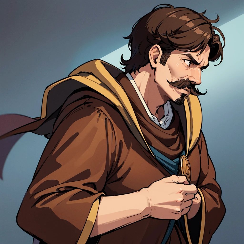 ((((Solo))))、Highest quality, Best Quality,Best illustrations、middle ages、(((Simple brown robe)))、(40-year-old uncle、mature、Kaiser moustache)、(LOL)、fight、(From the side、profile)