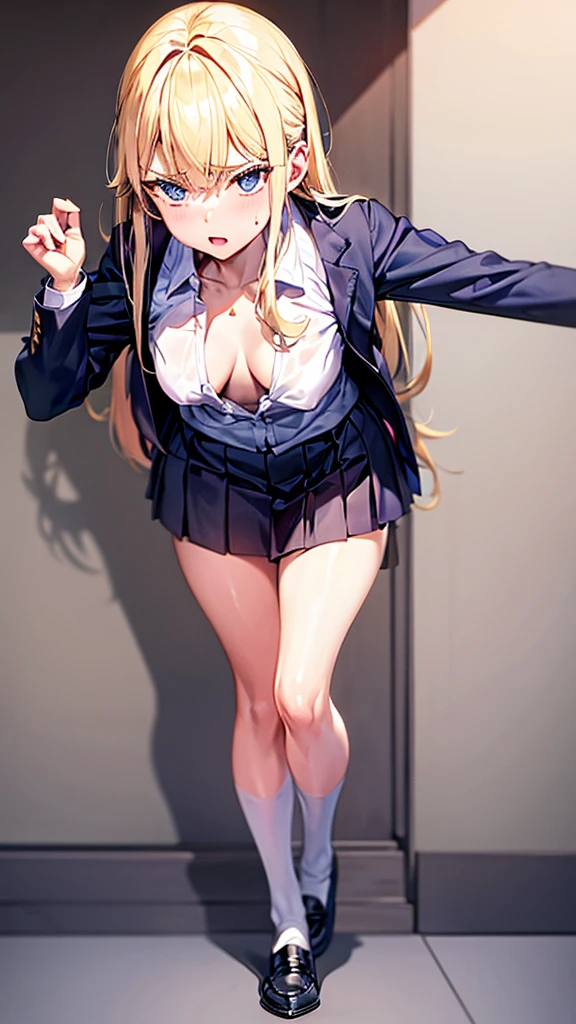 Bully student approaches me, while im in the floor, with a perverse face as I am a nerd, wearing short skirt, blonde hair, blue eyes, small firm breasts, long sexy legs, bad girl. very tall girl, photo from below the girl, bully, anger face, full body photo