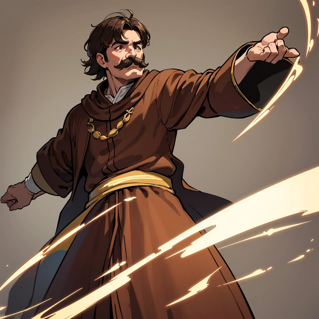 ((((Solo))))、Highest quality, Best Quality,Best illustrations、middle ages、(((Simple brown robe)))、(40-year-old uncle、mature、Kaiser moustache)、(LOL)、fight、(front)