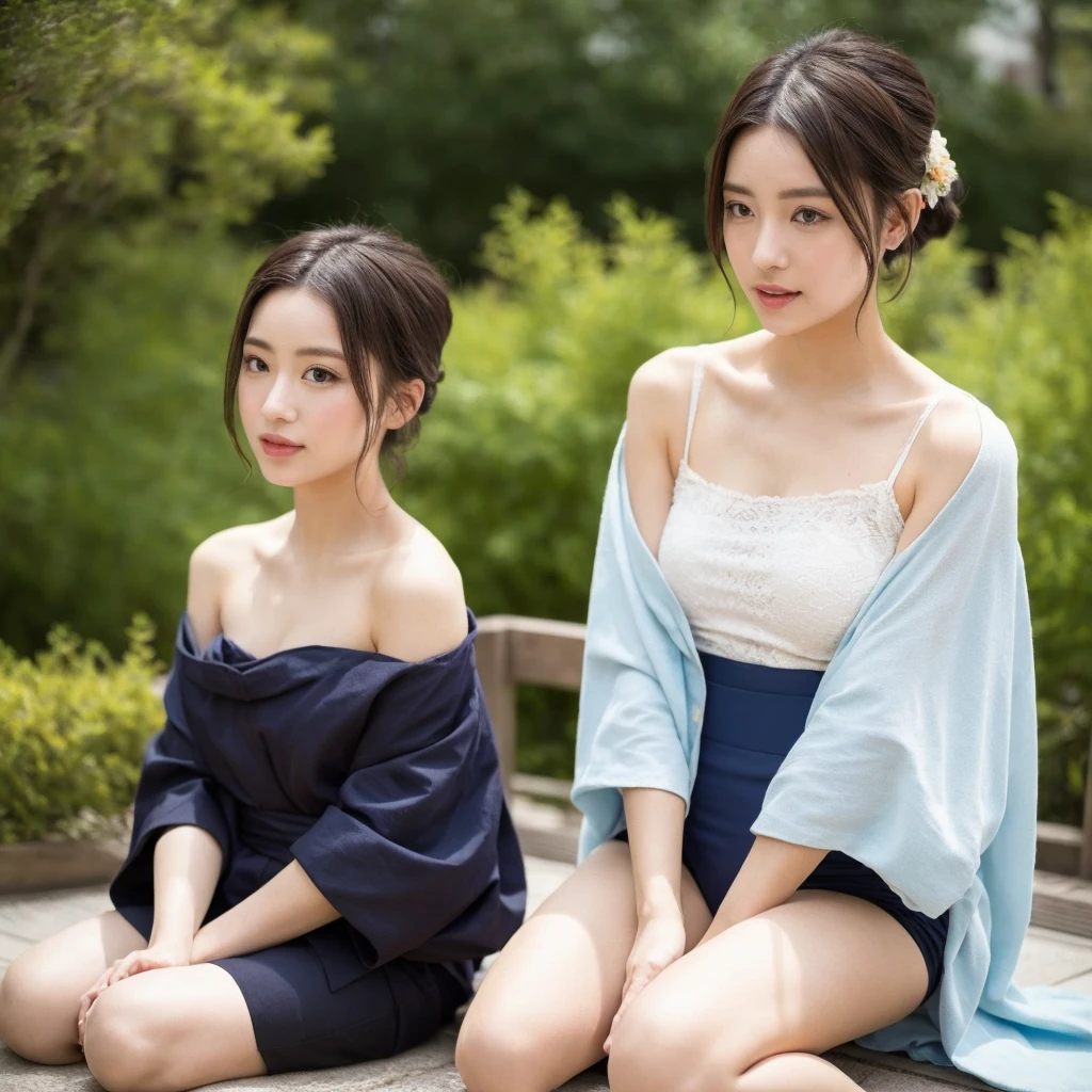 Urzan-6500-v1.1, (RAW Photos:1.2), (Realistic), (Genuine:1.4), (masterpiece), there is a woman In kimono Sitting on the floor, In kimono, Bare shoulders、clavicle、Mature Woman, wear Kimono, beast, Flower Hair Ornaments, yukata, In kimono, Japanese style, wearing a haori, mitsumayo, Hair tied up、(1 person:1.4)、With panties、