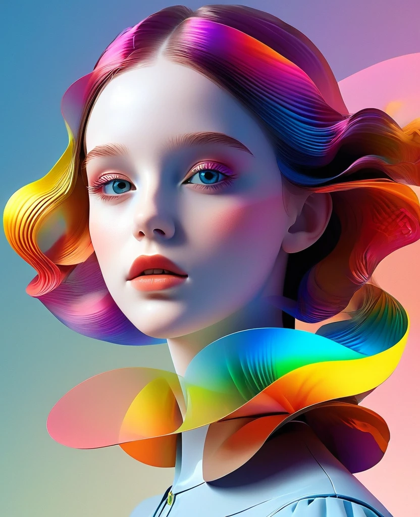 Rembrandt &quot;Portrait of a Girl&quot;, 3d，Use futuristic color wave style, Illustrations inspired by graphic design, rainbow core, Simple shape
