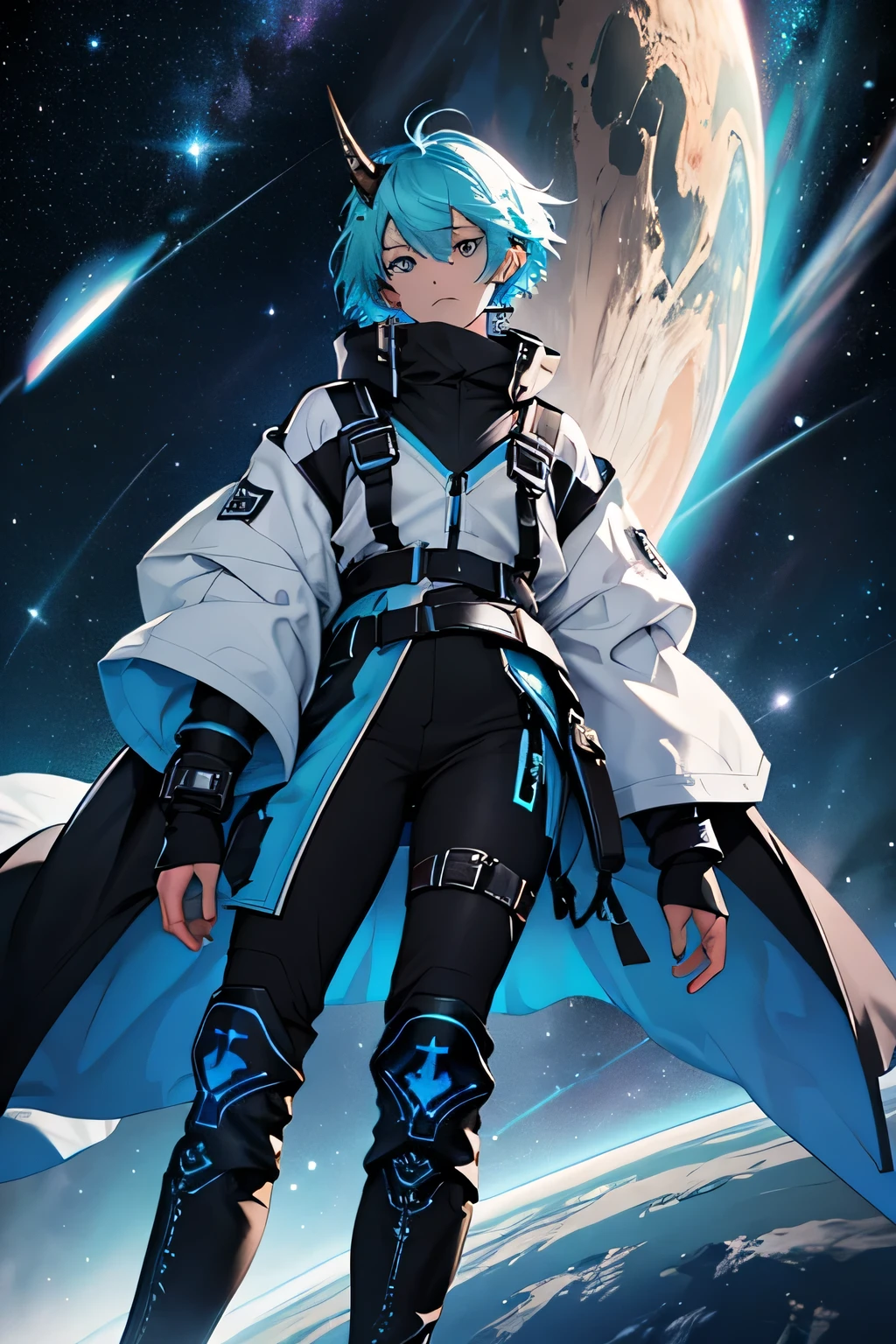 cosmic blue nebulae in a full sky with a person in front of it, female, short green hair, balck boots and horn on head, cover 40% of the picture, trying to understend the universe. the person need to be focused and the universe disfocused, main colors are blue and white