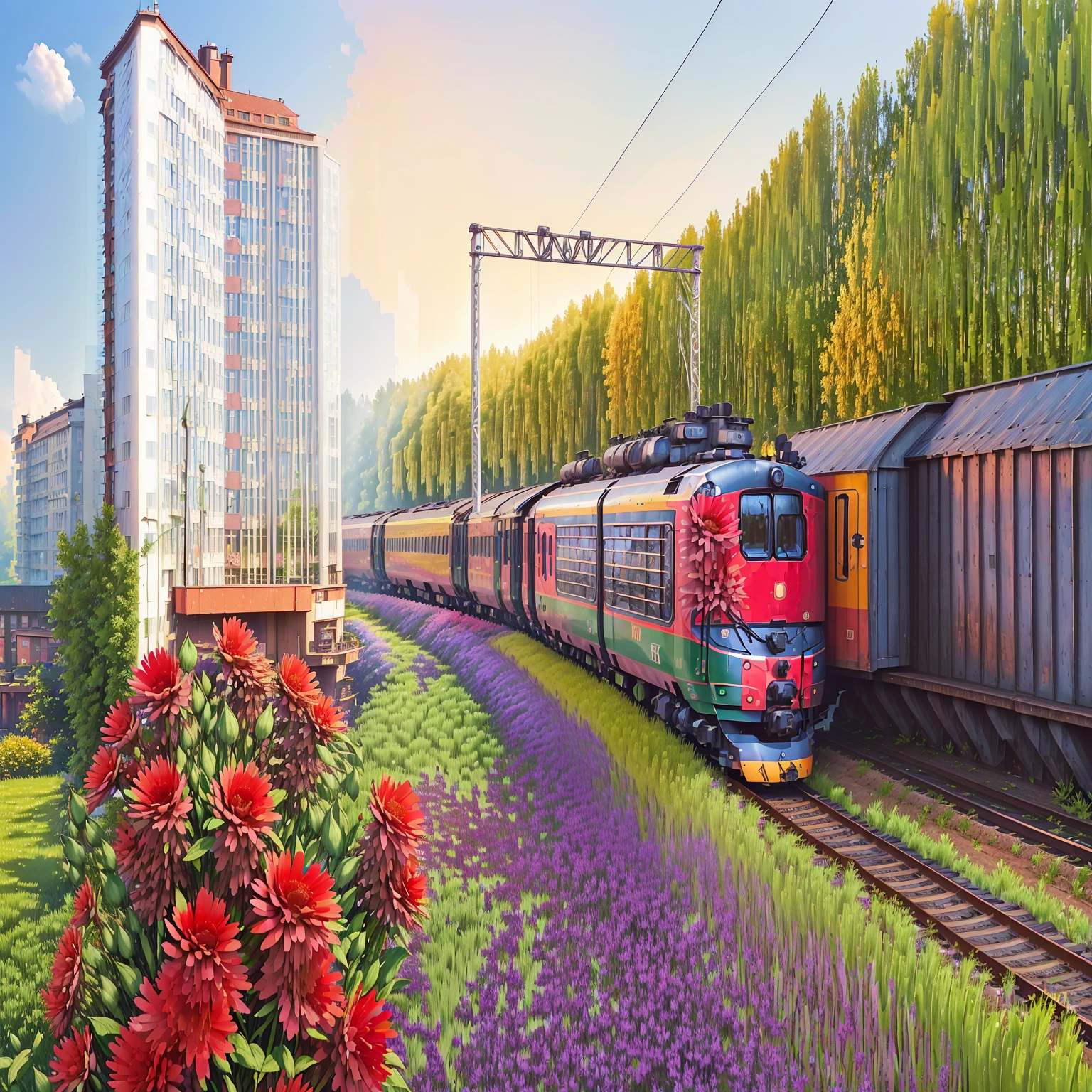 there is a train that is going down the tracks with flowers in front of it, train, beautiful high resolution, springtime morning, with flower fields as foreground, beautiful russia of the future, trains in the background, by Igor Grabar, summer morning, beautiful scenery, high quality photo, railways, train station in summer, summer setting, incredibly beautiful, lush scenery