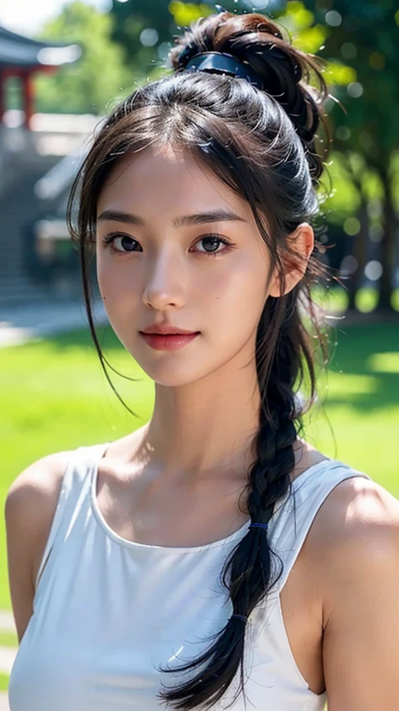 dress,outdoors,Urban Park,On the lawn,One woman,close up face,fully body photo,masutepiece, The highest image quality, High quality, the background is clear,Beautiful woman, Japanese, Detailed, Ultra-detailed, finely detail, hight resolution, 8K Wallpaper, Perfect dynamic composition, Beautiful detailed eyes ,Detailed eyes, Detailed skin, Beautiful skin, 超hight resolution, (reality: 1.4),Very beautiful woman, Slightly younger face, Beautiful skin, slender, (Ultra photo realsisim), (hight resolution), (8K), (Very detailed) (beautifully detailed eyes), (super detailed), (Detailed face), view the viewer, Fine details, Detailed face, Staring straight ahead, Staring straight ahead, photos realistic, Bright lighting, Professional Lighting, Black hair,poneyTail,a baby face,sixteen years old,Hairstyle: ponytail,Long ponytail hairstyle,slight smile,