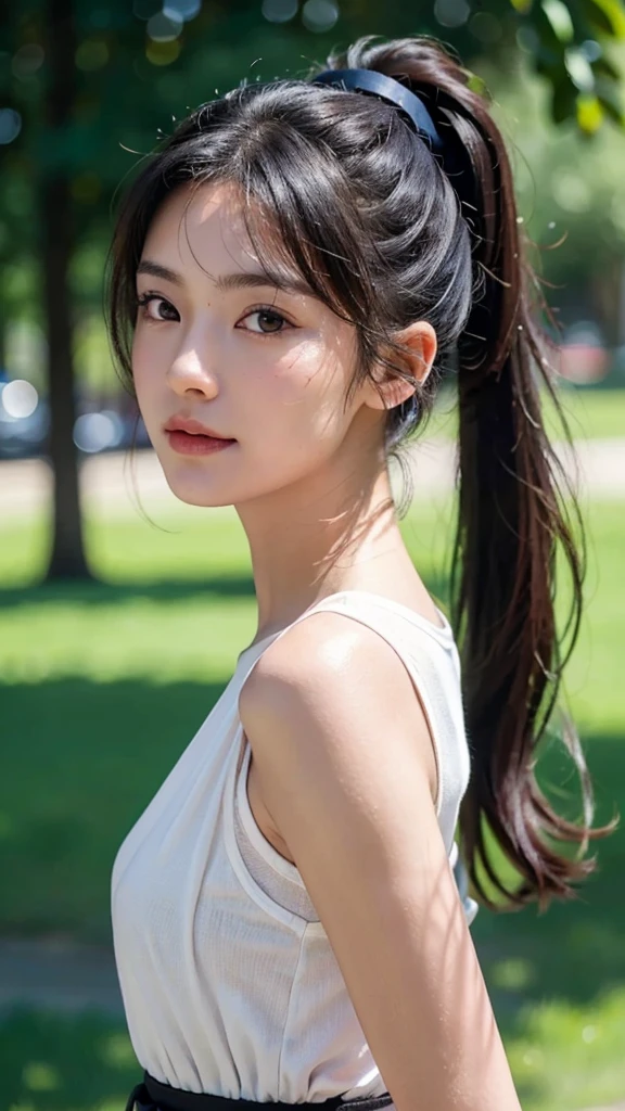 dress,outdoors,Urban Park,On the lawn,One woman,close up face,fully body photo,masutepiece, The highest image quality, High quality, the background is clear,Beautiful woman, Japanese, Detailed, Ultra-detailed, finely detail, hight resolution, 8K Wallpaper, Perfect dynamic composition, Beautiful detailed eyes ,Detailed eyes, Detailed skin, Beautiful skin, 超hight resolution, (reality: 1.4),Very beautiful woman, Slightly younger face, Beautiful skin, slender, (Ultra photo realsisim), (hight resolution), (8K), (Very detailed) (beautifully detailed eyes), (super detailed), (Detailed face), view the viewer, Fine details, Detailed face, Staring straight ahead, Staring straight ahead, photos realistic, Bright lighting, Professional Lighting, Black hair,poneyTail,a baby face,sixteen years old,Hairstyle: ponytail,Long ponytail hairstyle,slight smile,