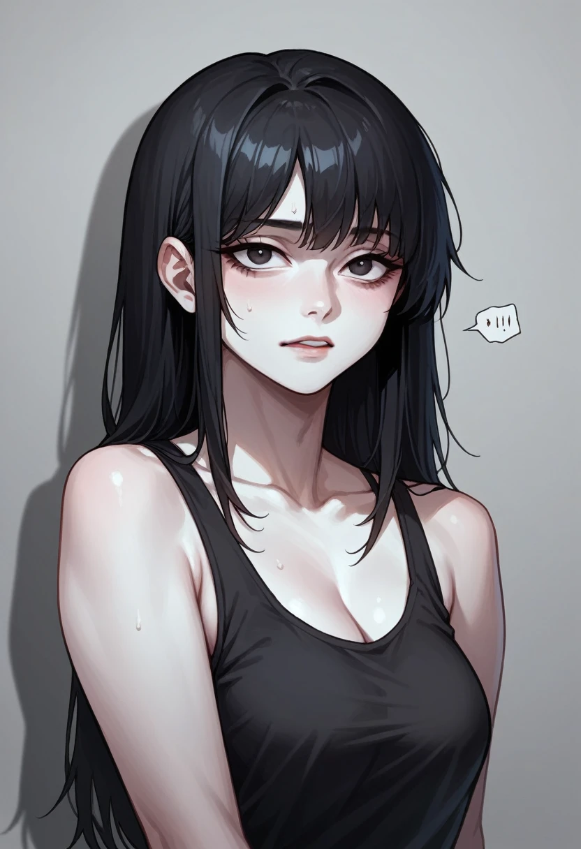 A pretty girl, short messy black hair, black tank top, baddie, pale skin, Korean, cinematic