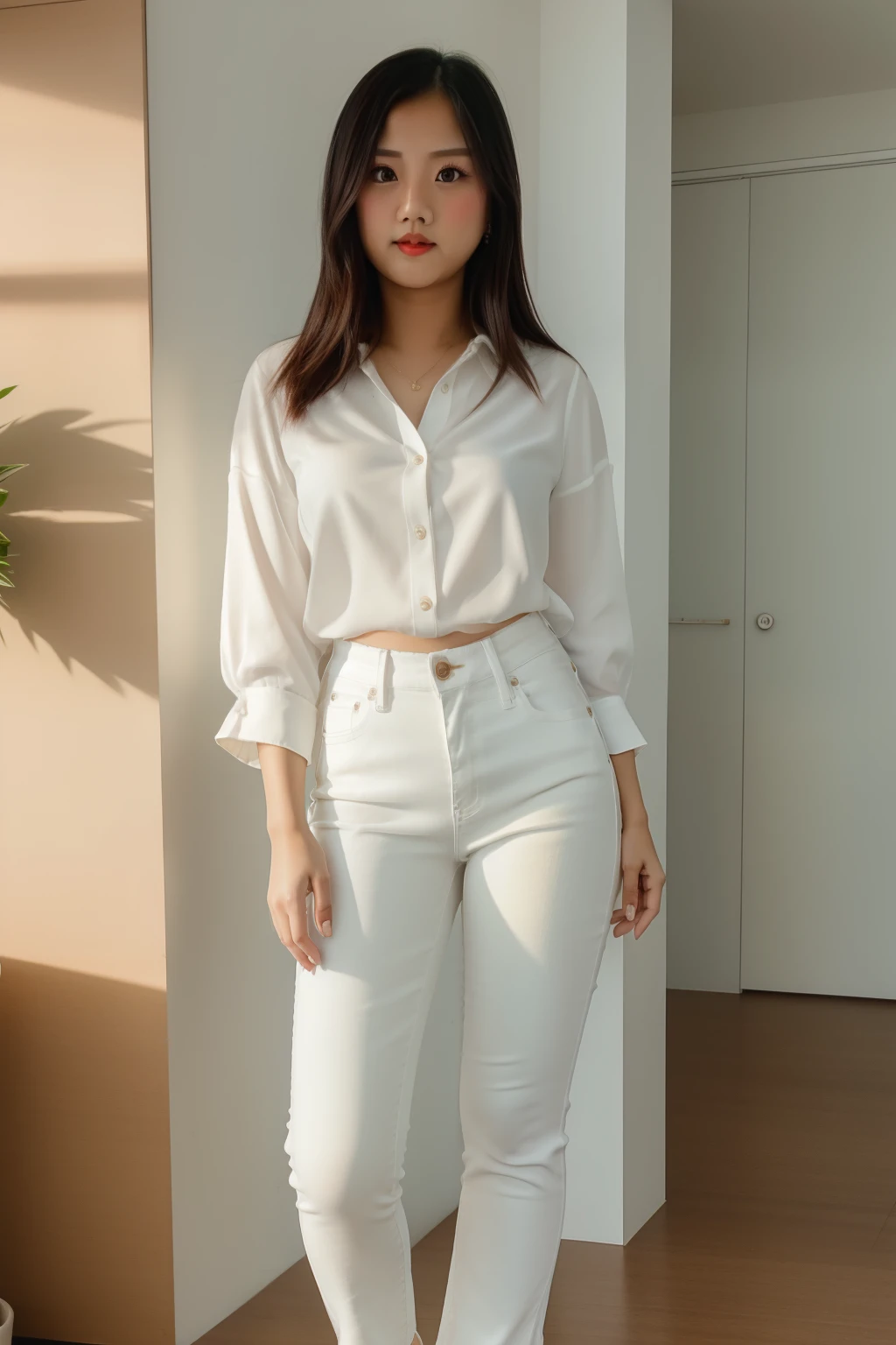 mai0cmspringlora wearing a white blouse and jeans, looking at viewer, standing, full body shot, (high detailed skin:1.2), 8k uhd, dslr, soft lighting, high quality, film grain, Fujifilm XT3