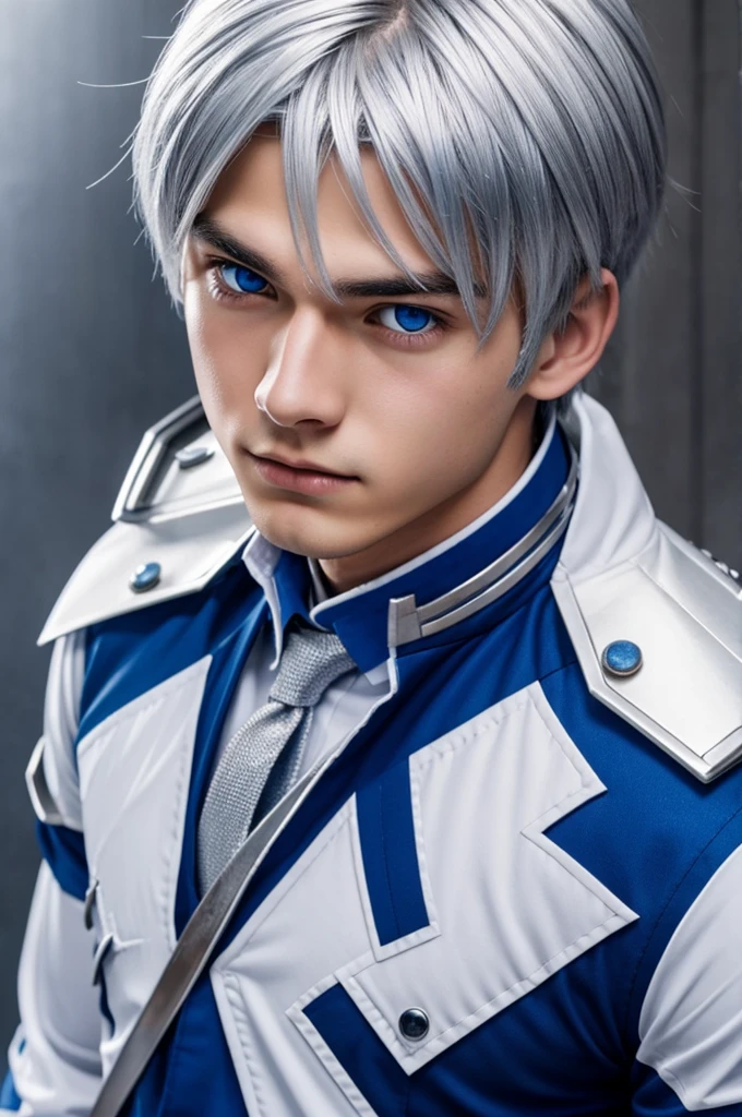 Chico, effeminate, silver hair, blue eyes, clear skin, 16 year old young man, who wears a boku no hero uniform