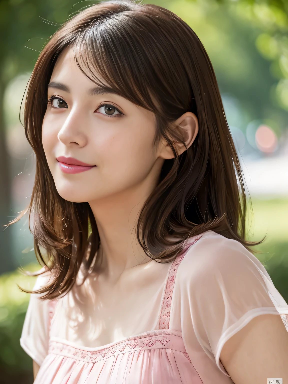 (RAW Photos), (Photo realistic), (masterpiece), (Highest quality), High resolution, 8K resolution, (Intricate details), (Volumetric Light), Portraiture, woman, 30 years old, Medium Hair, Layered Hair, Brown Hair, Highly detailed eyes, Source order, Very thin eyebrows, Highly detailed skin, Highly detailed mouth, Highly detailed nose, Cute like an idol, smile, ((Pink lipstick)), ((Look at the viewers)), (An elegant and transparent red see-through short-sleeved dress), ((Random turning direction)), green park background, Westshot,