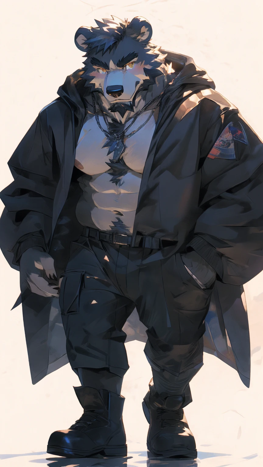 (masterpiece:1.2), best quality,pixiv,official art,perfect anatomy, (Ray tracing, light),solo, (1_male:1.3) , (muscle), (grey fur:1.4), (muscle bear), (beard:1.2), (gleaming golden eyes), bear tail, full body, Thick black eyebrows,(open hooded parka), (naked inside), (cargo pants:1.2), boots , (pure white background: 1.3)